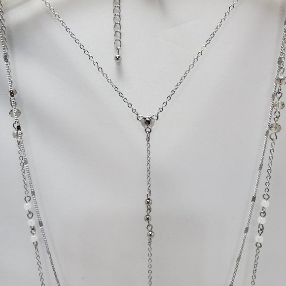 silver chain quartz crystal 3 row layered necklace - Picture 4 of 12